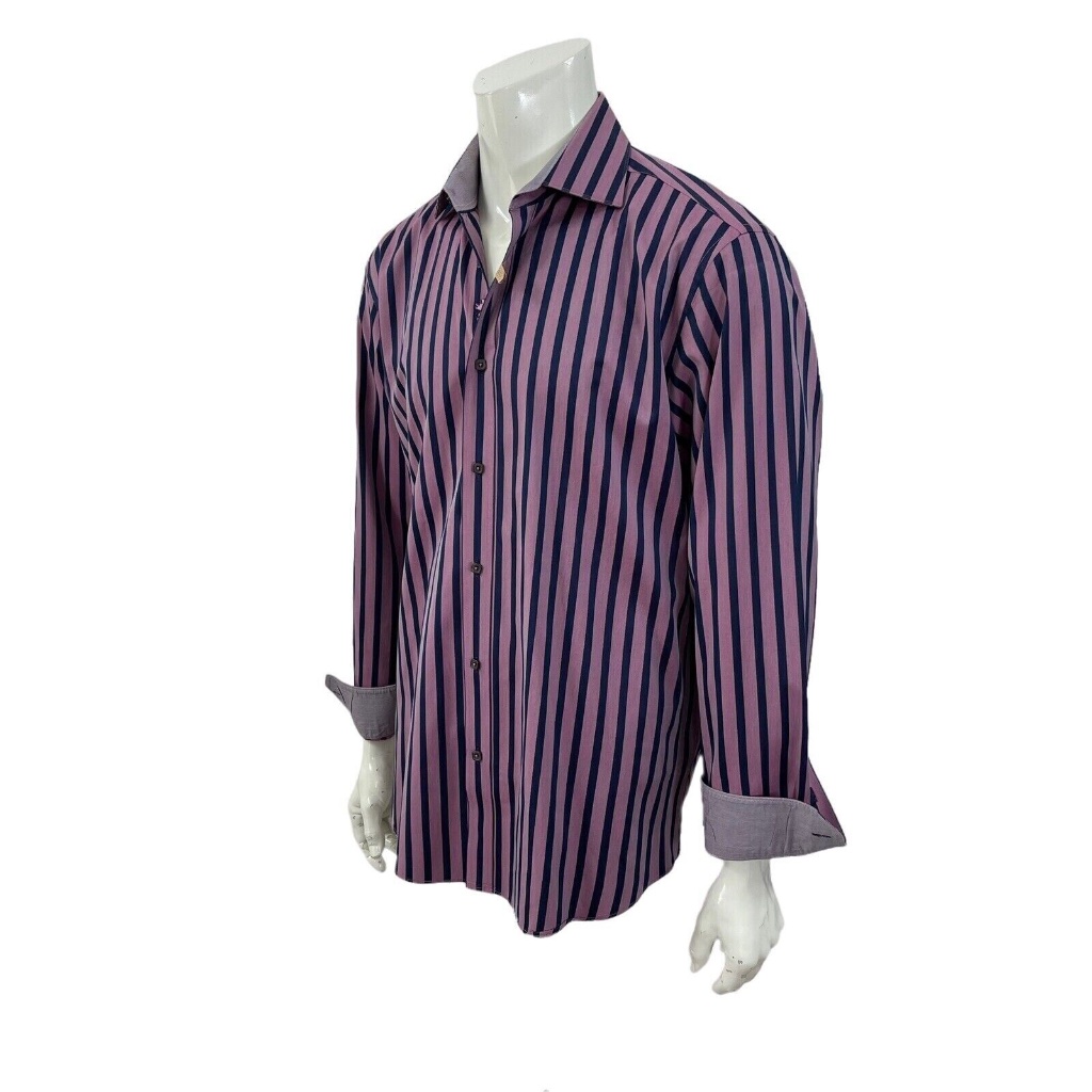 Bugatchi Uomo Striped Casual Dress Shirt Contrast Cuffs Mens Xl